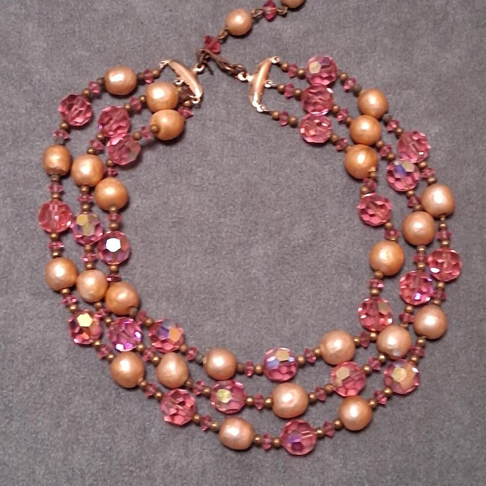 Vintage Pink Glass Beaded Necklace Three Strands Germany? AB Crystals